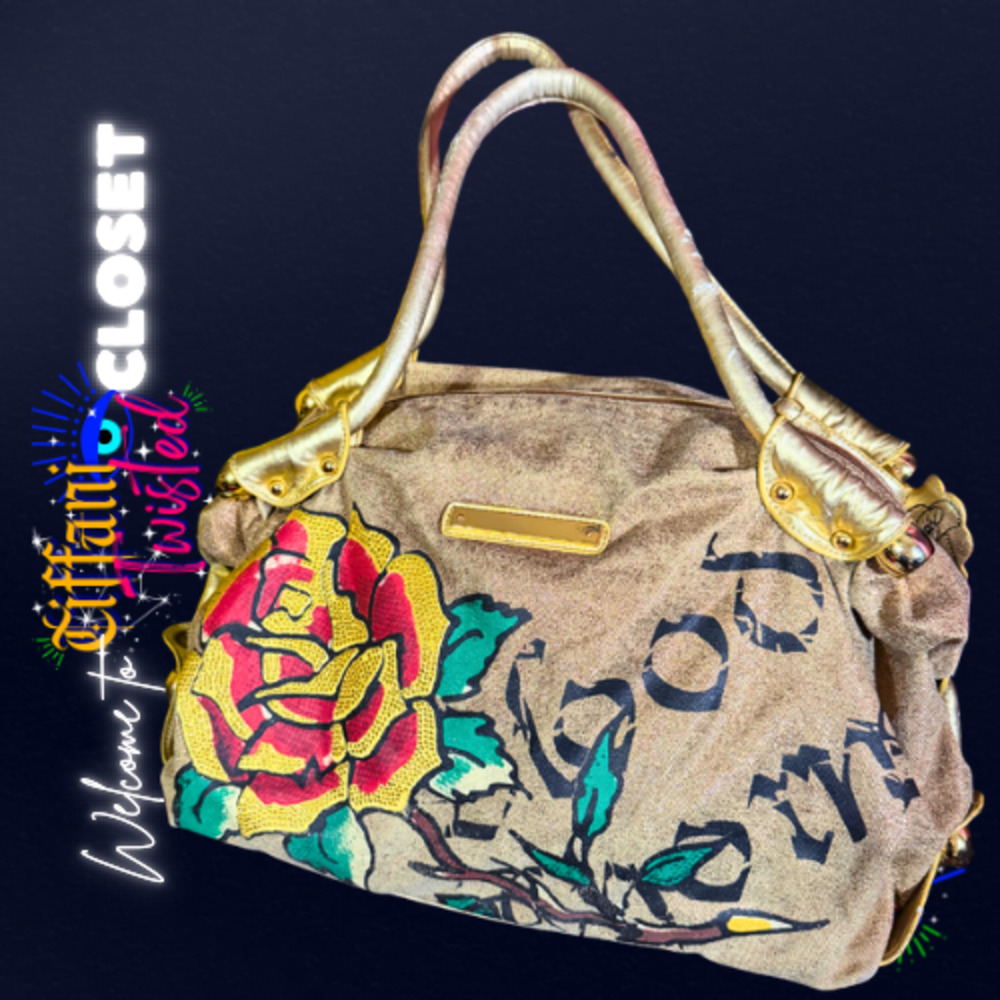 Ed Hardy Rose Tattoo Print Handbag Gold Metallic Shoulder Bag